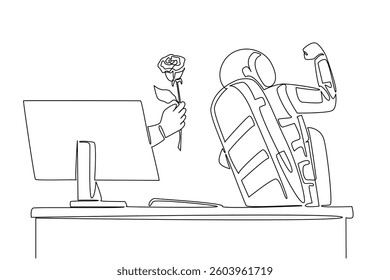 Continuous one line drawing hand of astronaut out of monitor screen while holding rose flower. Greetings of longing and love from earth. Things from Screen. Single line draw design vector illustration