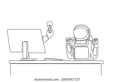 Continuous one line drawing hand of astronaut out of monitor screen while holding a bulb lamp. Get brilliant ideas about expeditions. Things from Screen. Single line draw design vector illustration