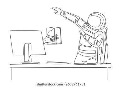 Continuous one line drawing hand of astronaut out of monitor screen while holding a safe deposit box. Confidentiality of the expedition. Things from Screen. Single line draw design vector illustration