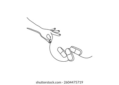 Continuous one line drawing of Hand holding pills medicine. Single line drawing illustration of pills medicine treatment. Medical drugs pharmacy concept vector art. Doodle line illustration.