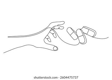 Continuous one line drawing of Hand holding pills medicine. Single line drawing illustration of pills medicine treatment. Medical drugs pharmacy concept vector art. Doodle line illustration.