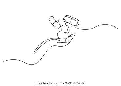 Continuous one line drawing of Hand holding pills medicine. Single line drawing illustration of pills medicine treatment. Medical drugs pharmacy concept vector art. Doodle line illustration.