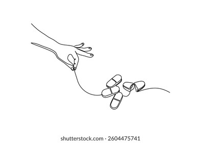 Continuous one line drawing of Hand holding pills medicine. Single line drawing illustration of pills medicine treatment. Medical drugs pharmacy concept vector art. Doodle line illustration.