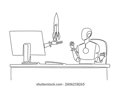 Continuous one line drawing hand of robot out of monitor screen while holding a rocket. Business innovation in the startup world. Tech. Things from Screen. Single line draw design vector illustration