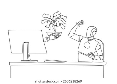 Continuous one line drawing hand of robot out of monitor screen while hold money tree with leaves made of banknotes. Branching benefits. Things from Screen. Single line draw design vector illustration