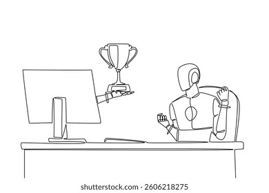 Continuous one line drawing hand of robot out from monitor screen while holding trophy. Highly prestigious award for robot intelligence. Things from Screen. Single line draw design vector illustration