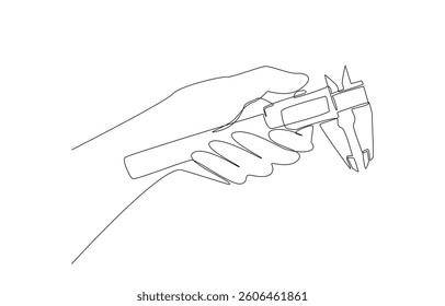 Continuous one line drawing of hand holding vernier caliper, measuring equipment concept, single line art