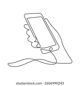 Continuous one line drawing of hand holding mobile phone isolated on white background