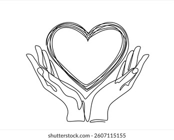 Continuous one line drawing hand holding heart. Charity donation linear symbol. Vector isolated on white. Editable stroke. Doodle vector illustration	