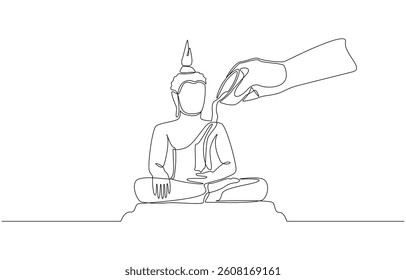 Continuous one line drawing of hand pouring water on statue of buddha, traditional Songkran festival concept, single line art