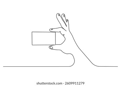 Continuous one line drawing of Hand holding card. Single line drawing illustration of Hand holds credit card or debit ca. Blank card concept vector art. Doodle line illustration.