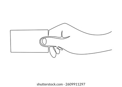 Continuous one line drawing of Hand holding card. Single line drawing illustration of Hand holds credit card or debit ca. Blank card concept vector art. Doodle line illustration.