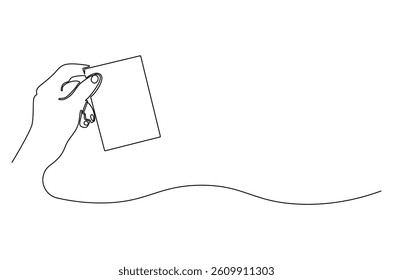 Continuous one line drawing of Hand holding card. Single line drawing illustration of Hand holds credit card or debit ca. Blank card concept vector art. Doodle line illustration.