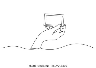 Continuous one line drawing of Hand holding card. Single line drawing illustration of Hand holds credit card or debit ca. Blank card concept vector art. Doodle line illustration.