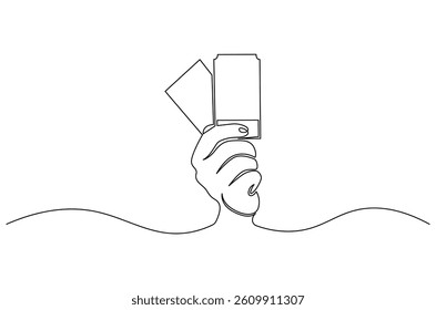 Continuous one line drawing of Hand holding card. Single line drawing illustration of Hand holds credit card or debit ca. Blank card concept vector art. Doodle line illustration.