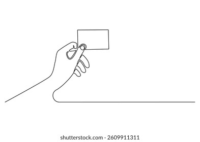 Continuous one line drawing of Hand holding card. Single line drawing illustration of Hand holds credit card or debit ca. Blank card concept vector art. Doodle line illustration.