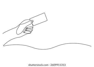 Continuous one line drawing of Hand holding card. Single line drawing illustration of Hand holds credit card or debit ca. Blank card concept vector art. Doodle line illustration.
