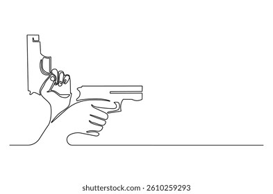 Continuous one line drawing of Hand holding gun. Single line drawing illustration of Holds a machine gun. shoot on target concept vector art. Doodle line illustration.