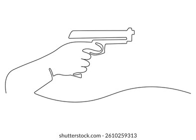 Continuous one line drawing of Hand holding gun. Single line drawing illustration of Holds a machine gun. shoot on target concept vector art. Doodle line illustration.