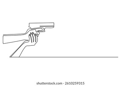 Continuous one line drawing of Hand holding gun. Single line drawing illustration of Holds a machine gun. shoot on target concept vector art. Doodle line illustration.