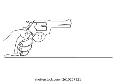 Continuous one line drawing of Hand holding gun. Single line drawing illustration of Holds a machine gun. shoot on target concept vector art. Doodle line illustration.