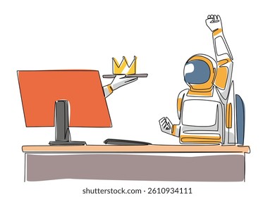 Continuous one line drawing hand of astronaut out of monitor screen while holding a crown. Legitimacy as the most successful astronaut. Things from Screen. Single line draw design vector illustration