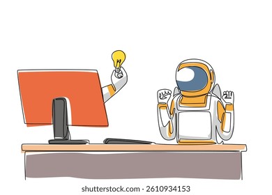 Continuous one line drawing hand of astronaut out of monitor screen while holding a bulb lamp. Get brilliant ideas about expeditions. Things from Screen. Single line draw design vector illustration