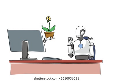 Continuous one line drawing hand of robot out of monitor screen while hold money tree with dollar coin fruit. Investment designer robot. Things from Screen. Single line draw design vector illustration