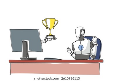 Continuous one line drawing hand of robot out from monitor screen while holding trophy. Highly prestigious award for robot intelligence. Things from Screen. Single line draw design vector illustration
