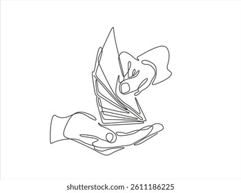 Continuous one line drawing hand receives money from the other hand. Wealth and prosperity concept. Single line draw design vector graphic illustration.	