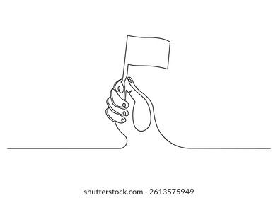 Continuous one line drawing of Hand holding flag. Single line drawing illustration of Hand hold flag. Celebration victory concept vector art. Doodle line illustration.