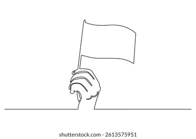 Continuous one line drawing of Hand holding flag. Single line drawing illustration of Hand hold flag. Celebration victory concept vector art. Doodle line illustration.