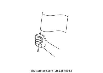 Continuous one line drawing of Hand holding flag. Single line drawing illustration of Hand hold flag. Celebration victory concept vector art. Doodle line illustration.