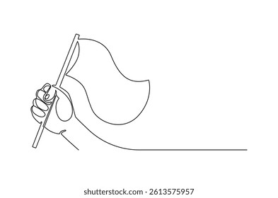 Continuous one line drawing of Hand holding flag. Single line drawing illustration of Hand hold flag. Celebration victory concept vector art. Doodle line illustration.