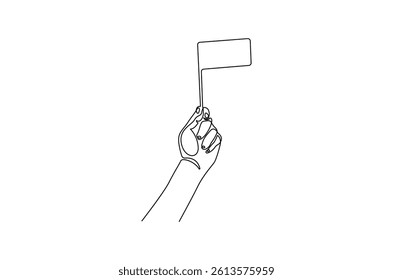 Continuous one line drawing of Hand holding flag. Single line drawing illustration of Hand hold flag. Celebration victory concept vector art. Doodle line illustration.