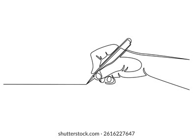Continuous one line drawing of Hand holding pen. Single line drawing illustration of Hand holding pen and writing. Diary and Letter concept vector art. Doodle line illustration.