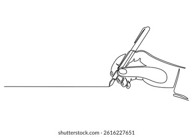 Continuous one line drawing of Hand holding pen. Single line drawing illustration of Hand holding pen and writing. Diary and Letter concept vector art. Doodle line illustration.