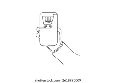 Continuous one line drawing of Hand holding phone with trolley. Single line drawing illustration of Handphone trolley. Online shopping concept vector art. Doodle line illustration.