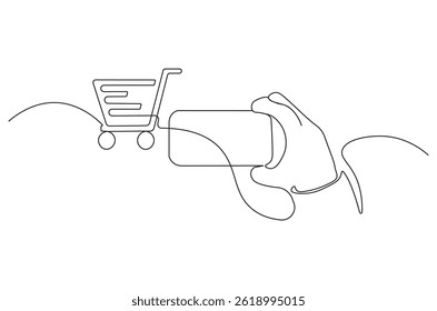 Dibujo continuo de una línea de teléfono de mano con carro. Ilustración de dibujo de una sola línea de carro de teléfono. Arte vectorial de concepto de compras en línea. ilustración de línea Doodle.
