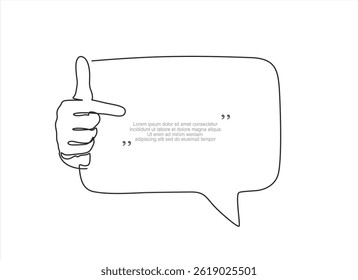 Continuous one line drawing of Hand showing something with index finger and speech bubble. Trendy line art vector on a white background. Vector illustration.Editable stroke	