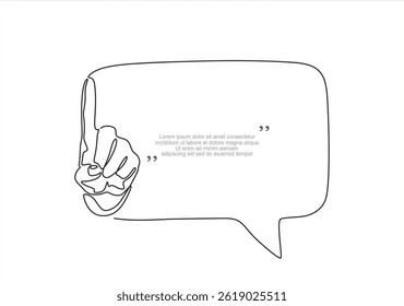 Continuous one line drawing of Hand showing something with index finger and speech bubble. Trendy line art vector on a white background. Vector illustration.Editable stroke	