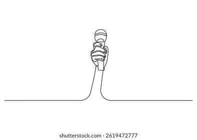 Dibujo continuo de una línea de micrófono de mano. Ilustración de dibujo de una sola línea de Micrófono para entrevista. Arte vectorial de concepto de libertad de prensa mundial. ilustración de línea Doodle.