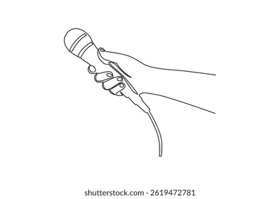 Dibujo continuo de una línea de micrófono de mano. Ilustración de dibujo de una sola línea de Micrófono para entrevista. Arte vectorial de concepto de libertad de prensa mundial. ilustración de línea Doodle.