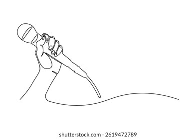 Continuous one line drawing of Hand holding microphone. Single line drawing illustration of for Microphone interview. World press freedom concept vector art. Doodle line illustration.