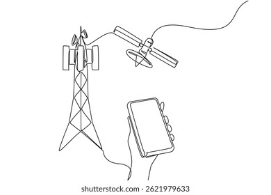 Continuous one line drawing hand holds smartphone and pointing at transmitter tower. Progress of times. World Telecommunication and Information Society Day. Single line draw design vector illustration
