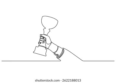Kontinuierliche einzeilige Zeichnung der Hand haltende Trophäe. Einzeilige Zeichnung von Personen, die eine Auszeichnungen Tasse halten. Errungenschaftskonzept, Vektorgrafik. Doodle-Linien-Illustration.
