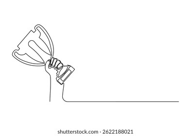 Continuous one line drawing of Hand holding trophy. Single line drawing illustration of People holding an awards cup. Achievement concept vector art. Doodle line illustration.