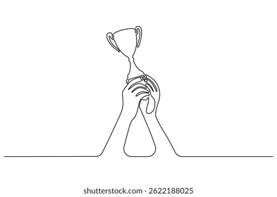 Continuous one line drawing of Hand holding trophy. Single line drawing illustration of People holding an awards cup. Achievement concept vector art. Doodle line illustration.