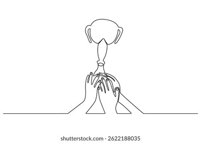 Continuous one line drawing of Hand holding trophy. Single line drawing illustration of People holding an awards cup. Achievement concept vector art. Doodle line illustration.