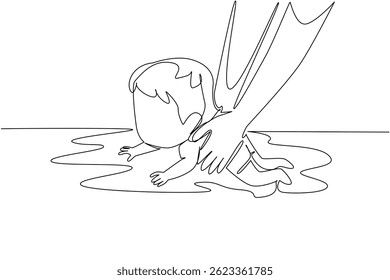 Continuous one line drawing hand holding baby girl learning to swim. Practice. Full supervision to avoid the worst. Instructor. National Learn to Swim Day. Single line draw design vector illustration